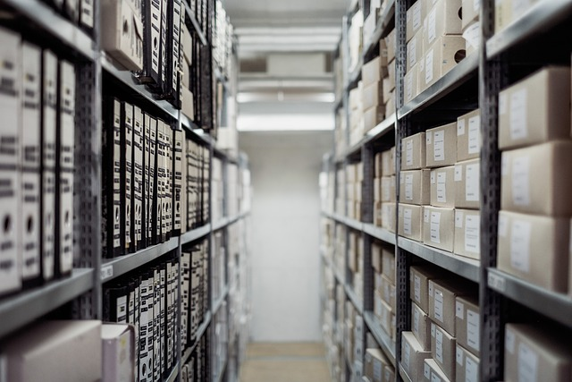 Boxes on shelves in a warehouse