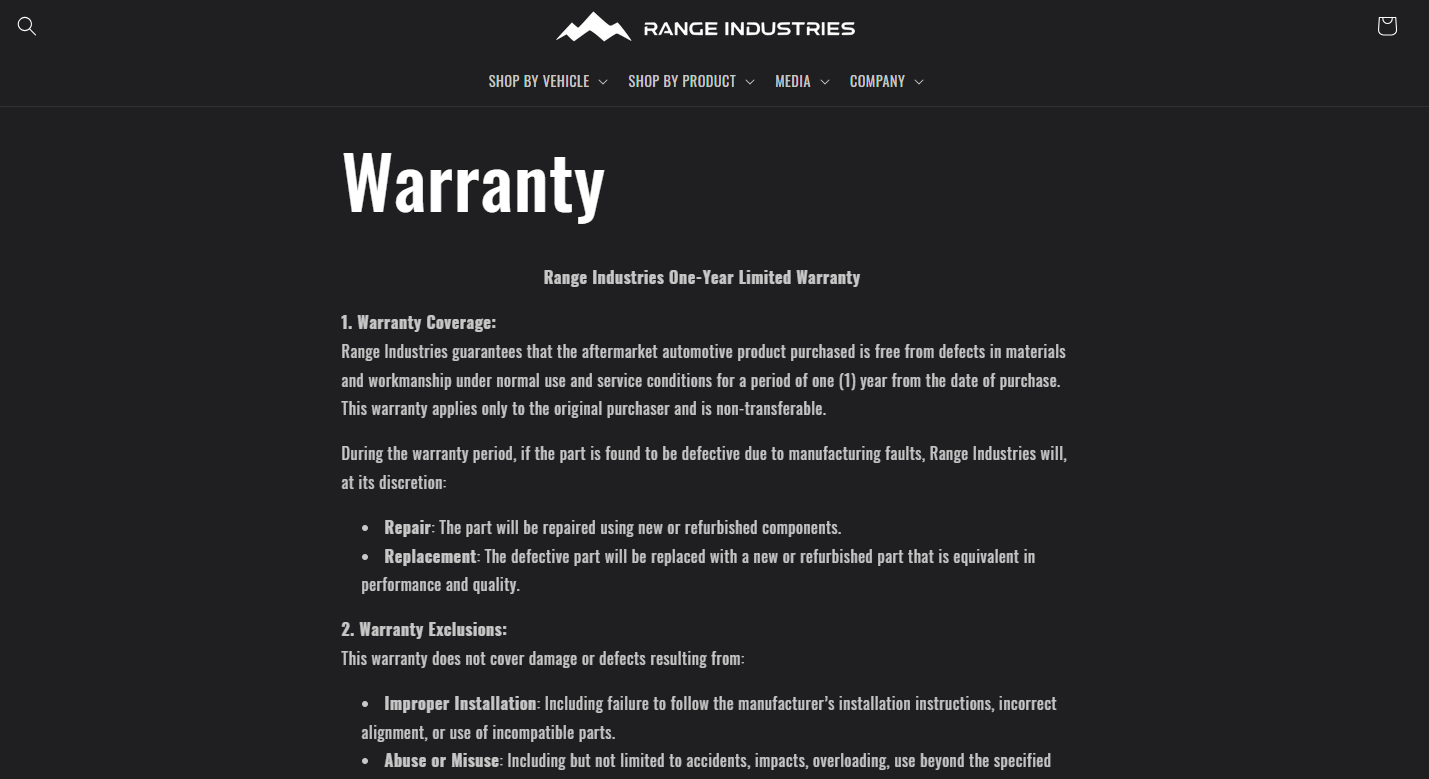 An example of warranty information on a website