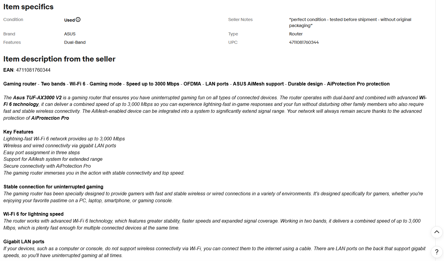 eBay detailed Item Specifics section