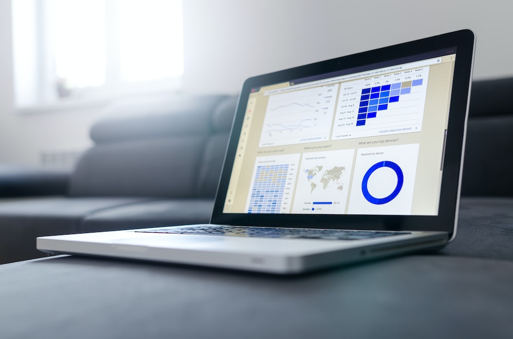 A laptop screen displaying graphs that measure business results.