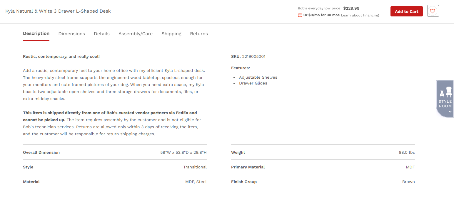 Detailed descriptions for furniture dropshipping