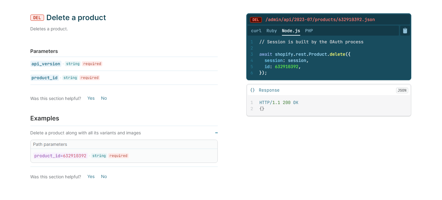 Delete a product via Shopify Product API