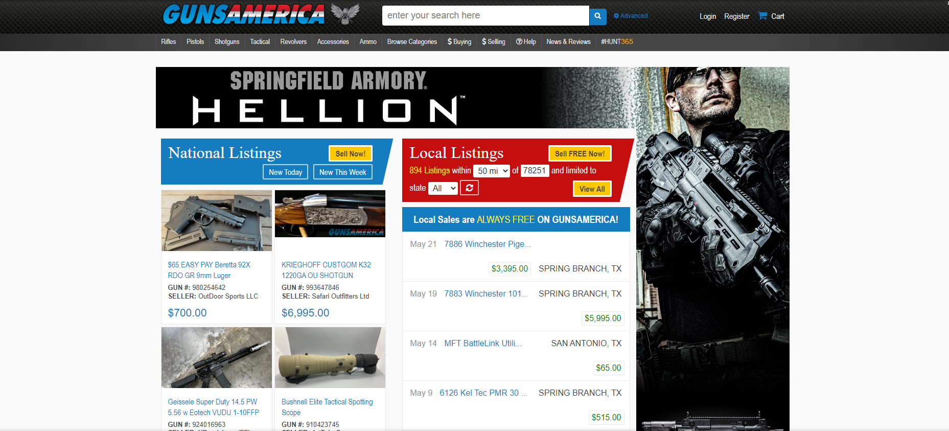 A screenshot of the Guns America eCommerce marketplace.