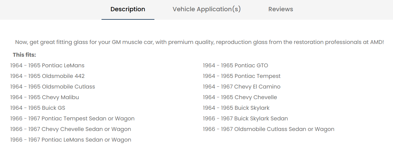 Product description and fitment information for auto parts
