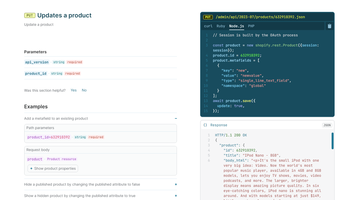 Update a product via Shopify Product API