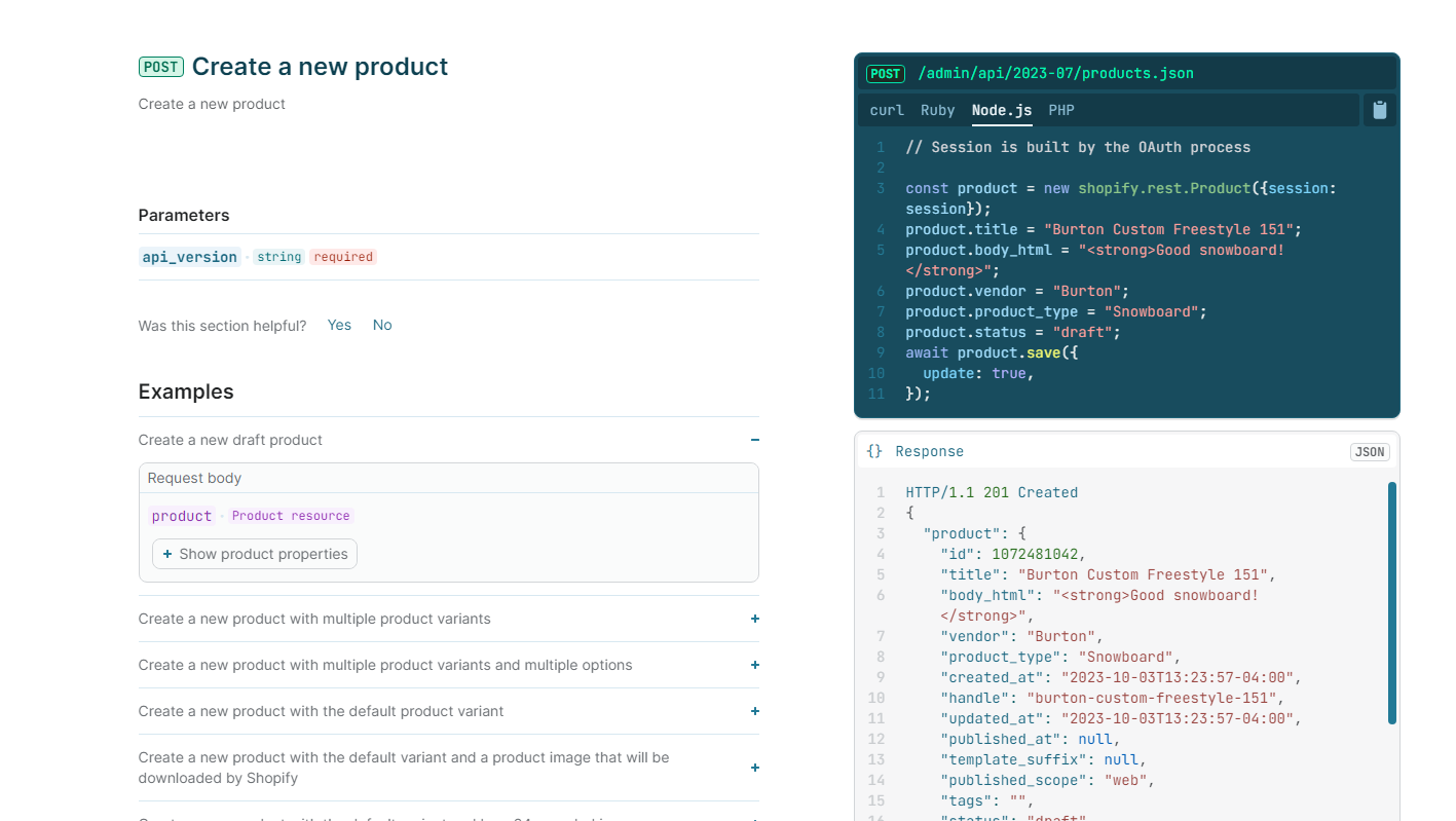 Create a product via Shopify Product API