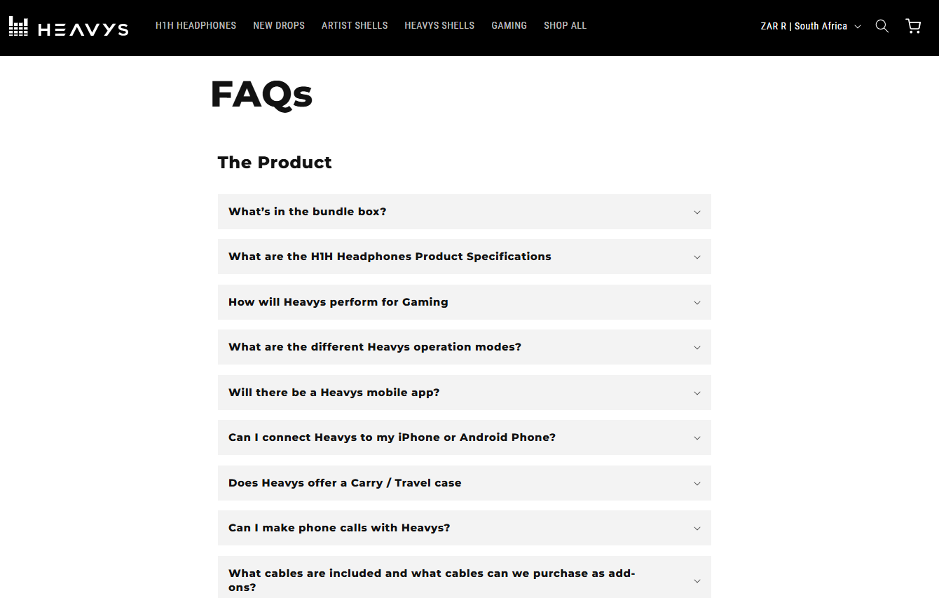 An example of FAQs on a website 