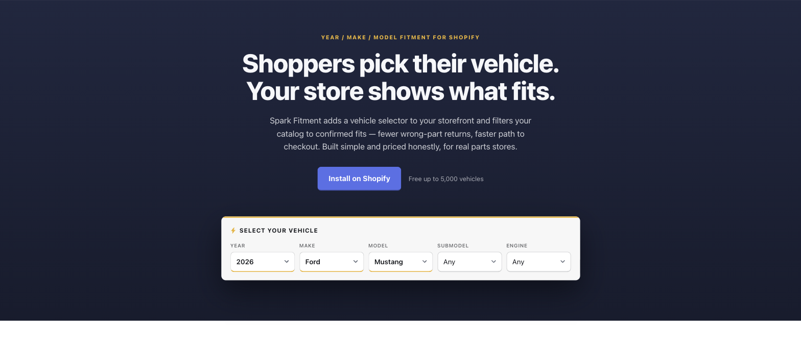 Spark Fitment year/make/model vehicle selector for Shopify