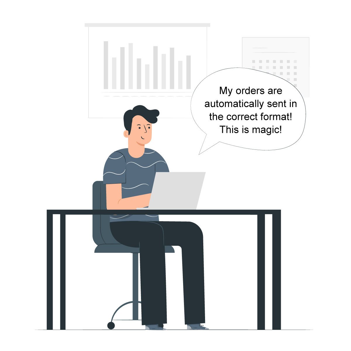 Dropshipper working at laptop, commenting on the fact that customer orders are automatically sent in the correct format. Dropshipper working at laptop, commenting on the fact that customer orders are automatically sent in the correct format.