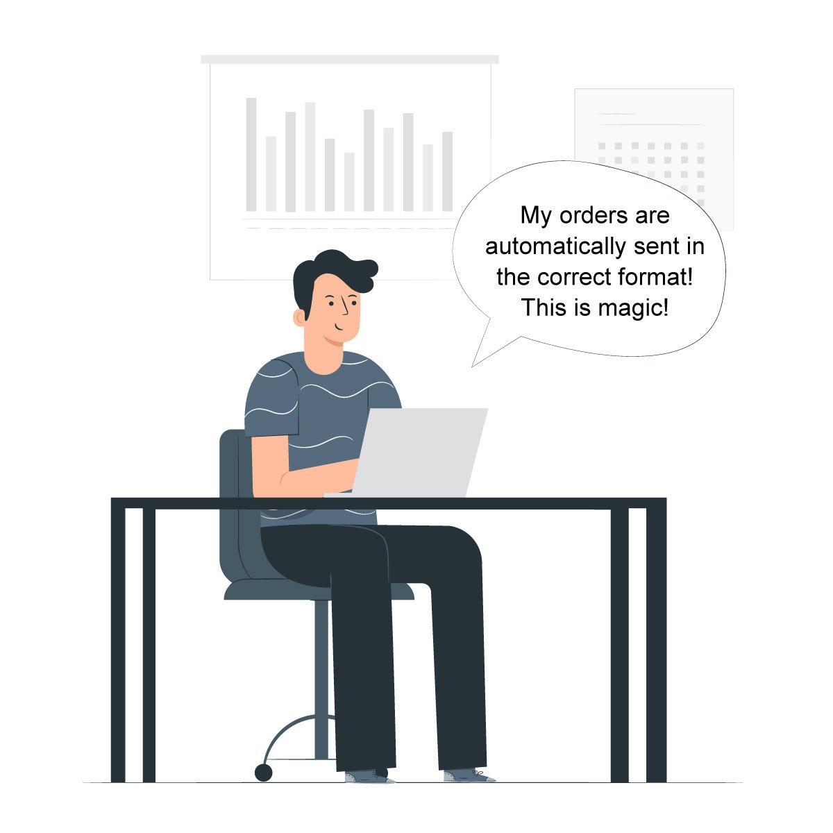 Dropshipper working at laptop, commenting on the fact that customer orders are automatically sent in the correct format.